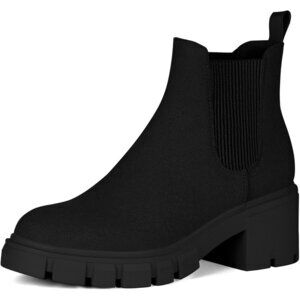 Women Chelsea Black Suede Boot Fashion Lug Sole Chunky Heel Slip On Ankle Bootie